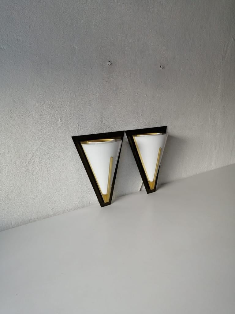 Opaline Glass and Brass Pair of Wall Lamps by Limburg, 1980s For Sale 2
