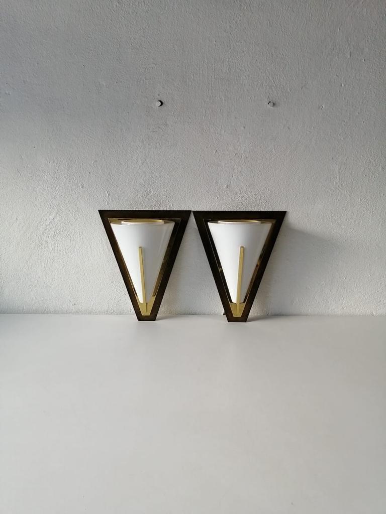 Opaline Glass and Brass Pair of Wall Lamps by Limburg, 1980s For Sale 3
