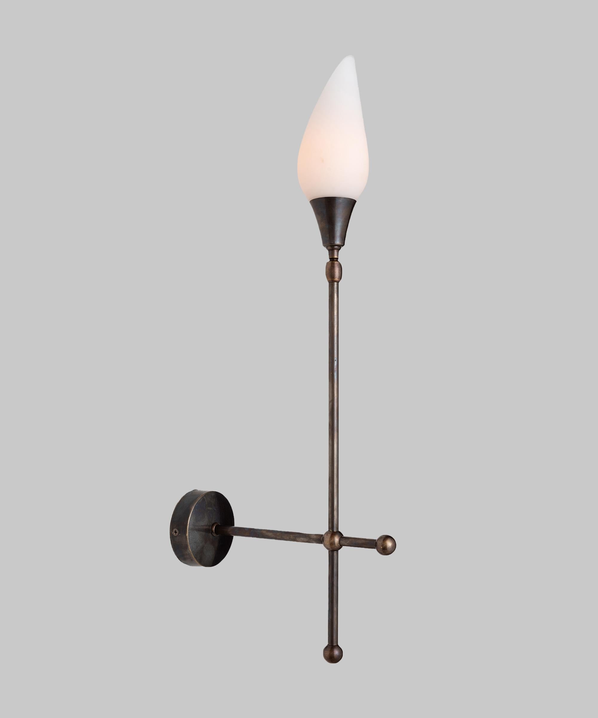Vintage opaline glass on new brass arm.
 
*Please Note: This fixture is made in Italy, and comes newly wired (eu wiring). It is not UL Listed. Standard Lead Time is 4-6 Weeks*

