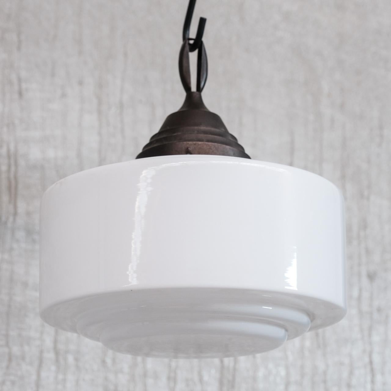 Mid-20th Century Opaline Glass and Brass Stepped Pendant Light For Sale