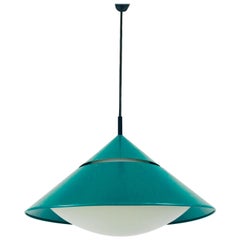 Retro Opaline Glass and Green Metal Hanging Lamp by Peill and Putzler, 1970s, Germany