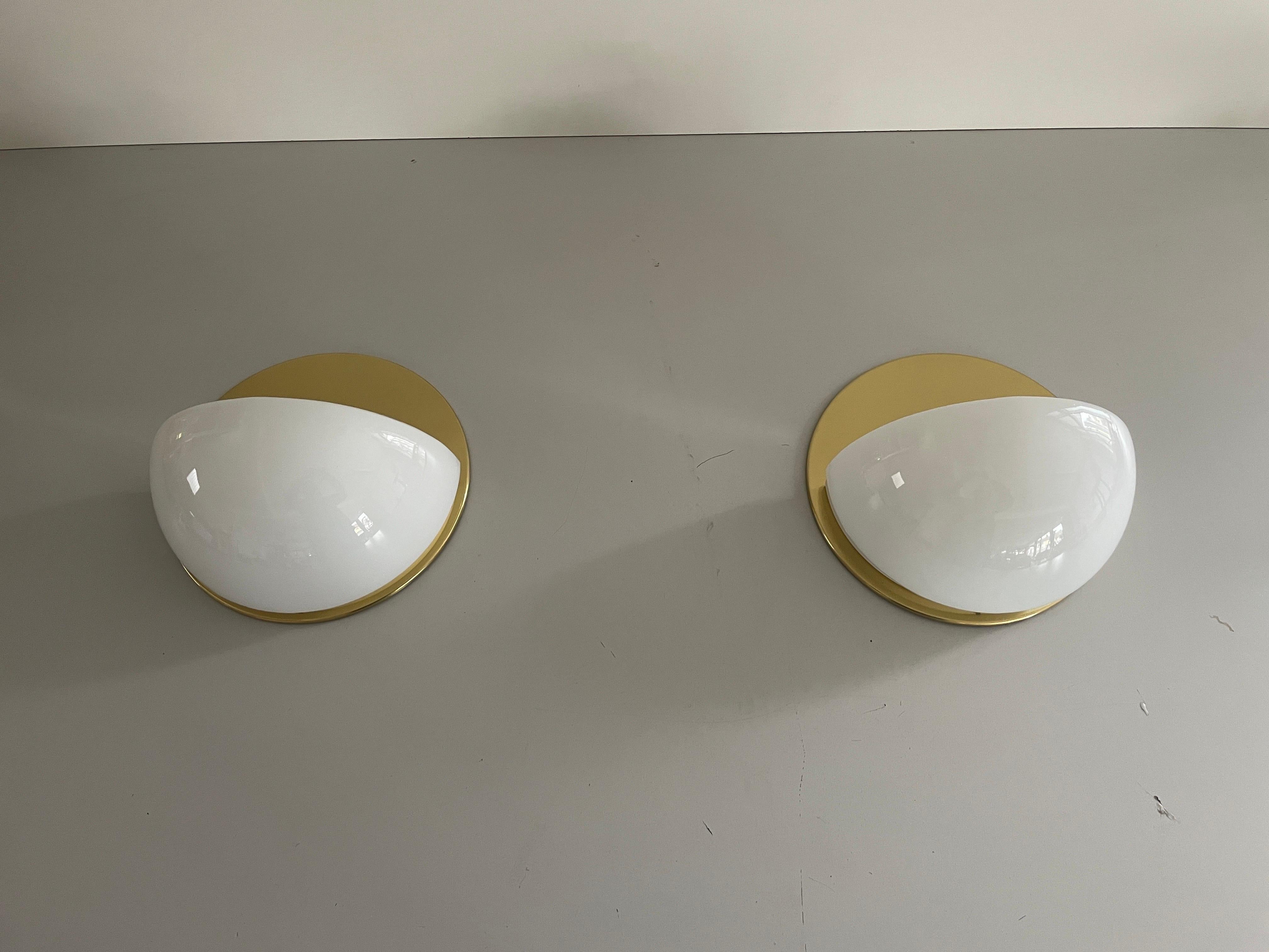 Opaline Glass and Polished Brass Round Pair of Sconces, 1960s, Germany
