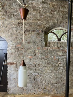 Opaline Glass and Teak Pendant Lamp 60's, Germany, Attributed to Temde Leuchten