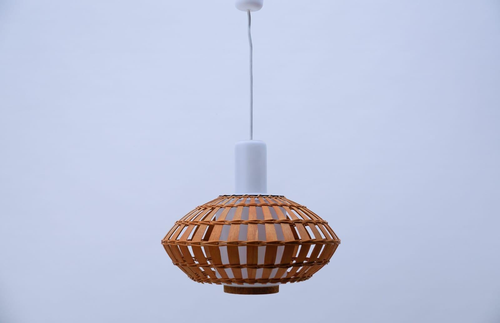 Mid-Century Modern Opaline Glass and Wicker Ceiling Lamp, 1960s For Sale