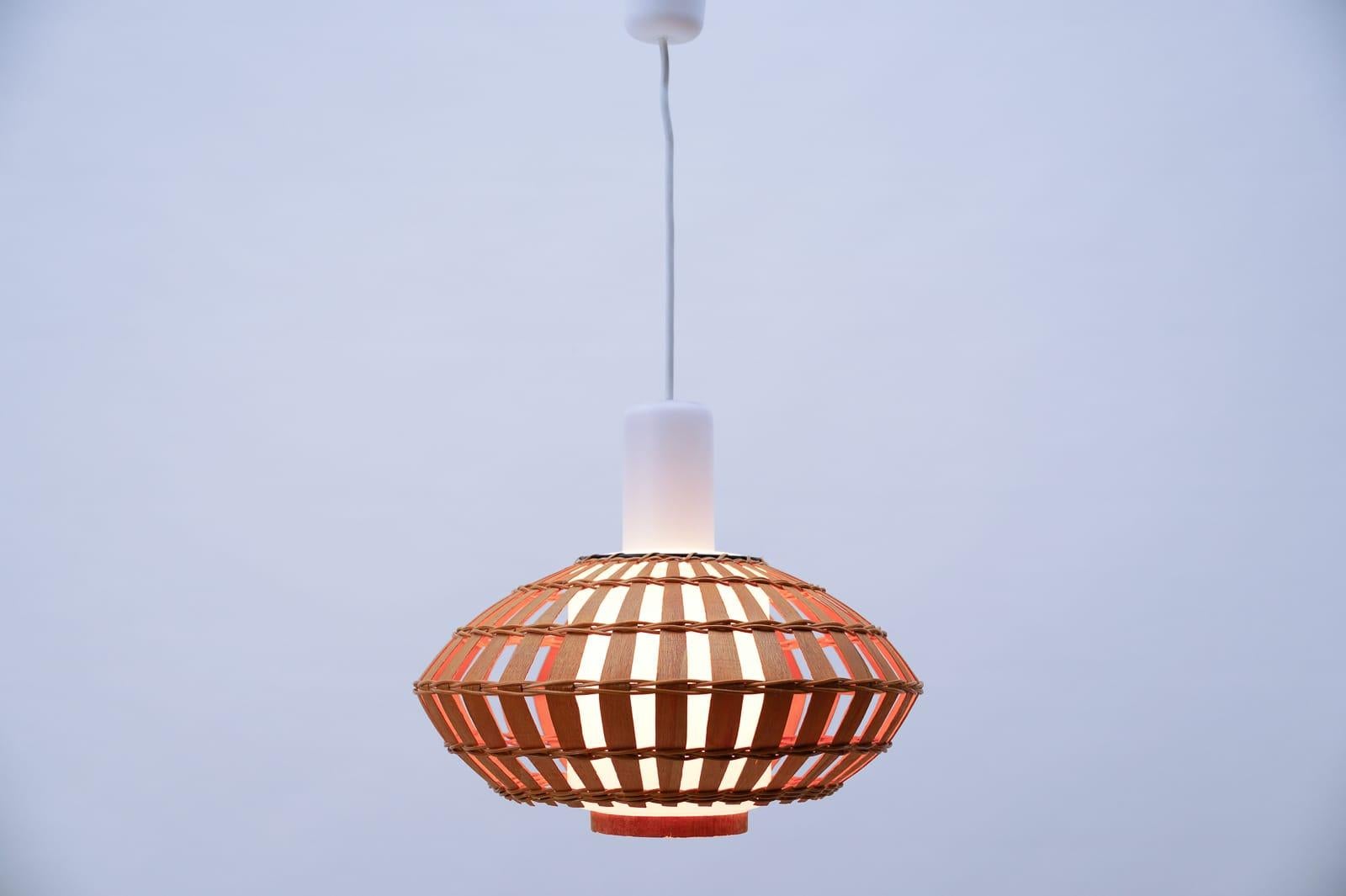 Scandinavian Opaline Glass and Wicker Ceiling Lamp, 1960s For Sale