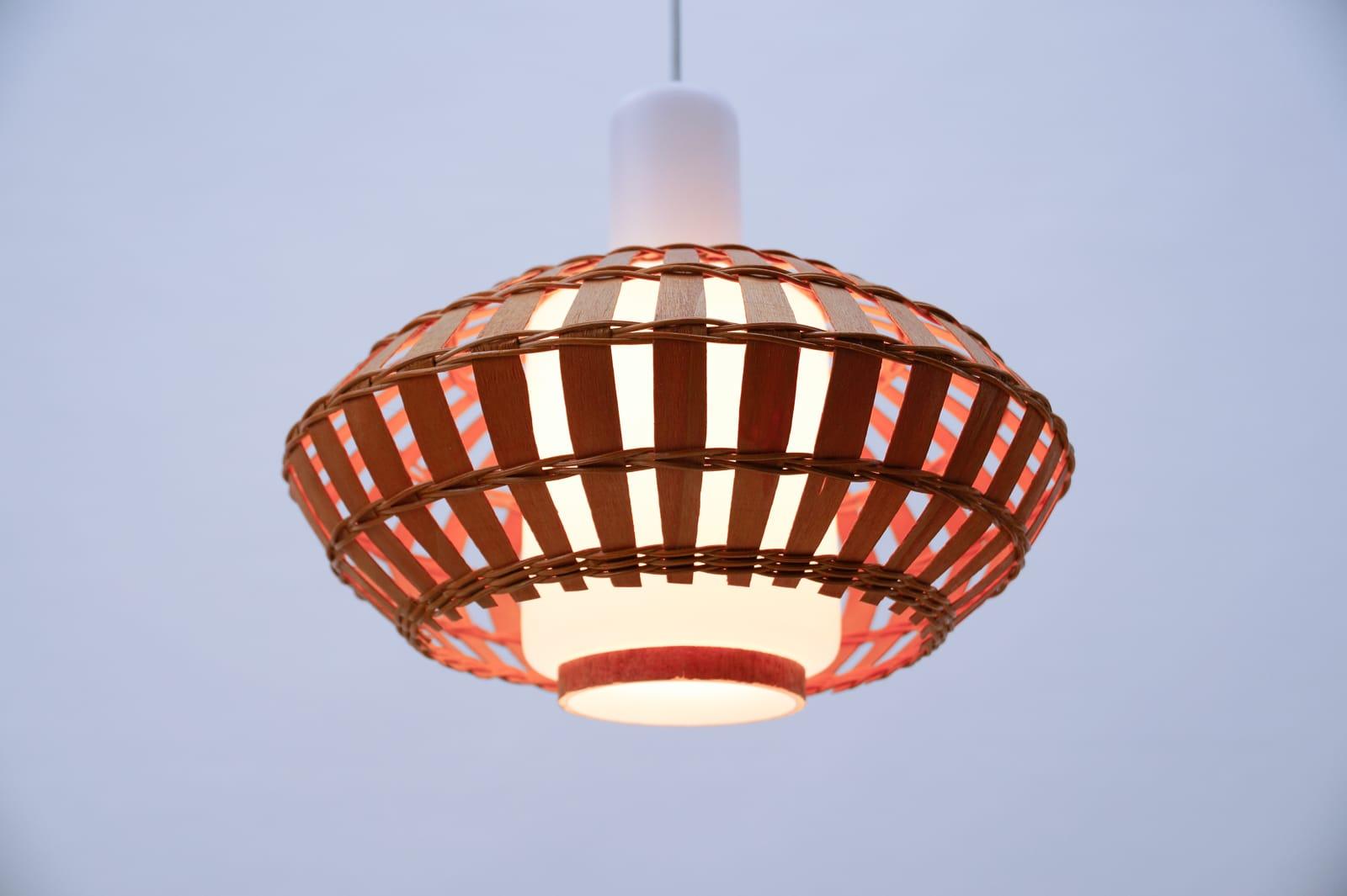 Mid-20th Century Opaline Glass and Wicker Ceiling Lamp, 1960s For Sale