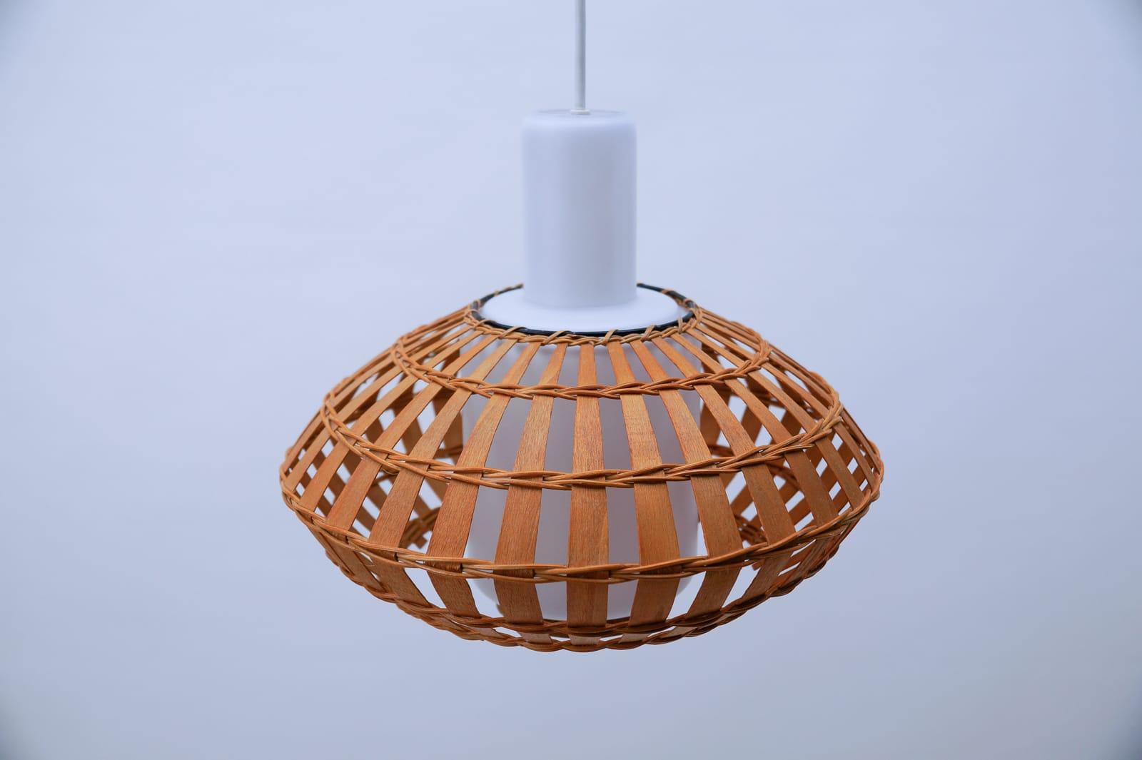 Opaline Glass and Wicker Ceiling Lamp, 1960s For Sale 1