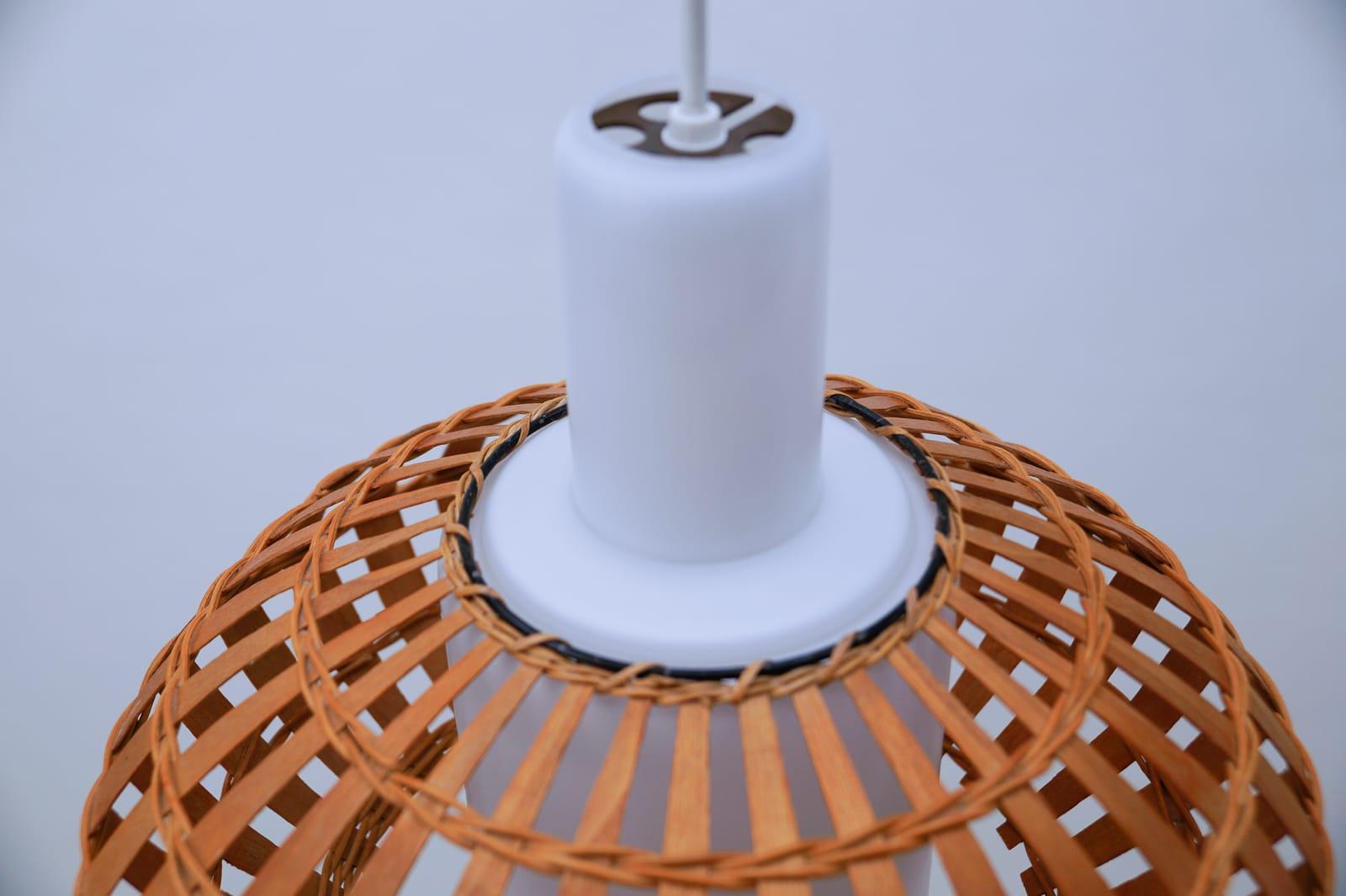 Opaline Glass and Wicker Ceiling Lamp, 1960s For Sale 2