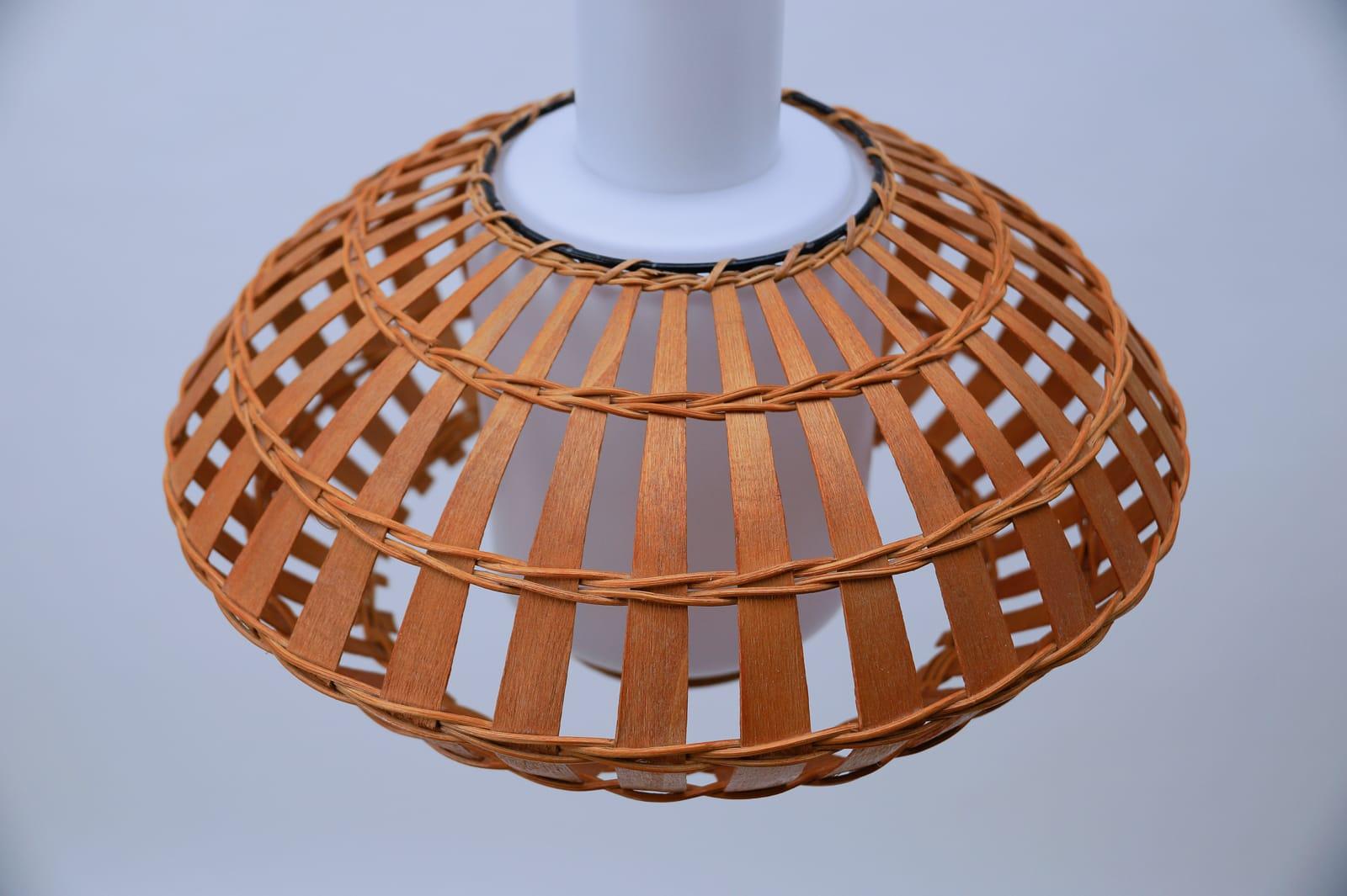 Opaline Glass and Wicker Ceiling Lamp, 1960s For Sale 3