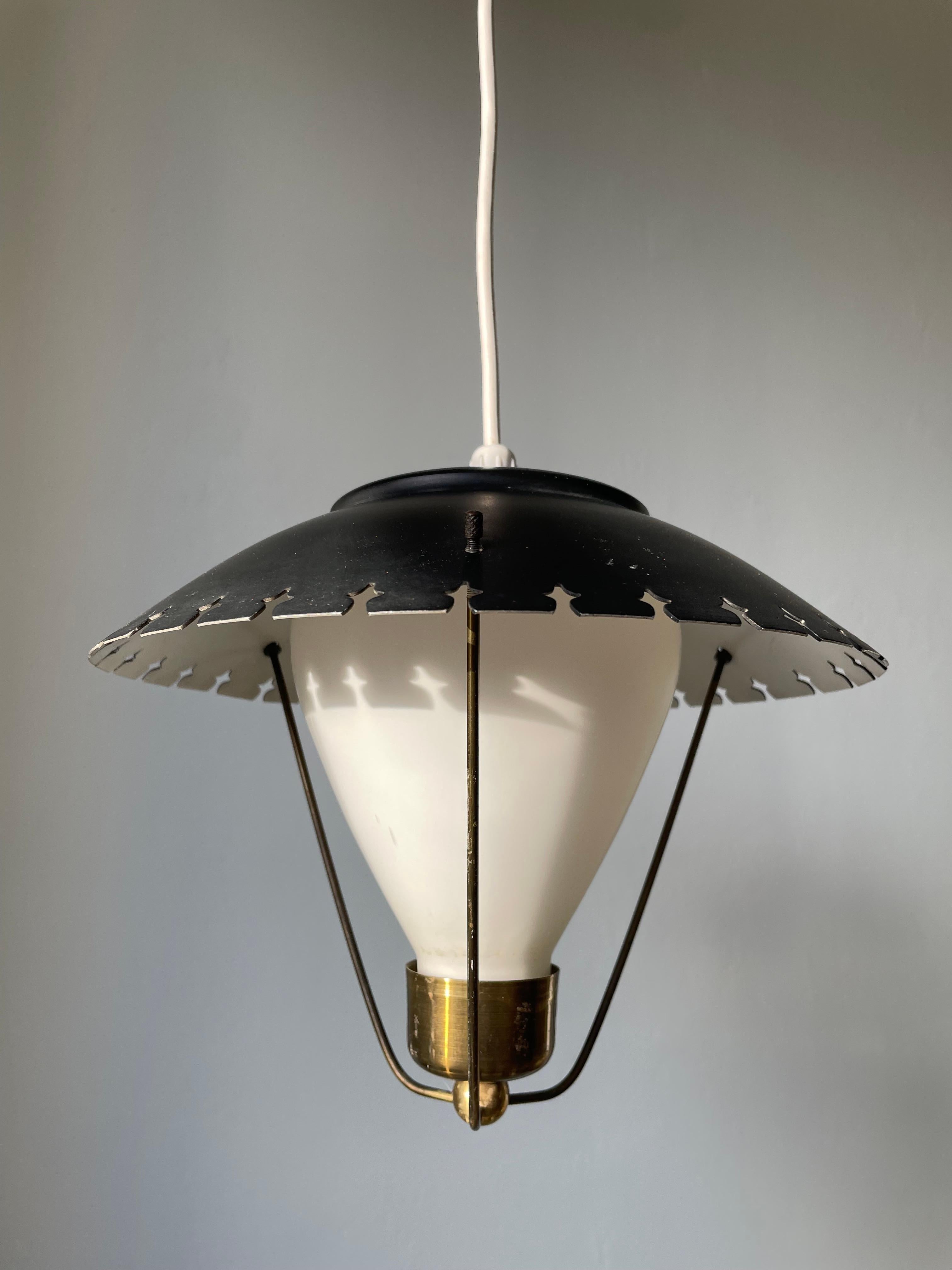 Bent Karlby Opaline Glass Black Roof Danish Modern Pendant, 1950s 4