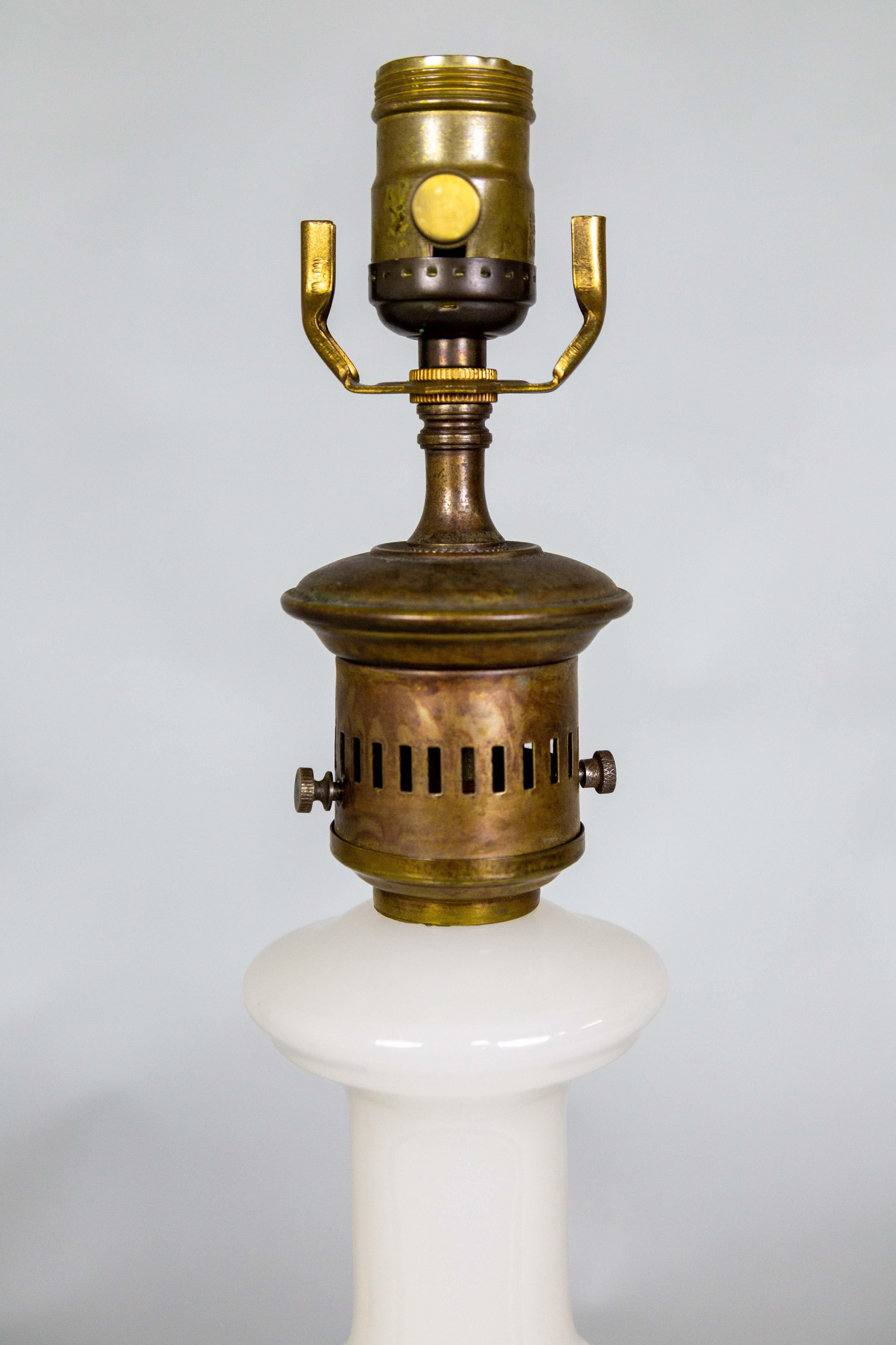 Opaline Glass & Brass Kerosine Style Table Lamp by Fredrick Cooper For Sale 1