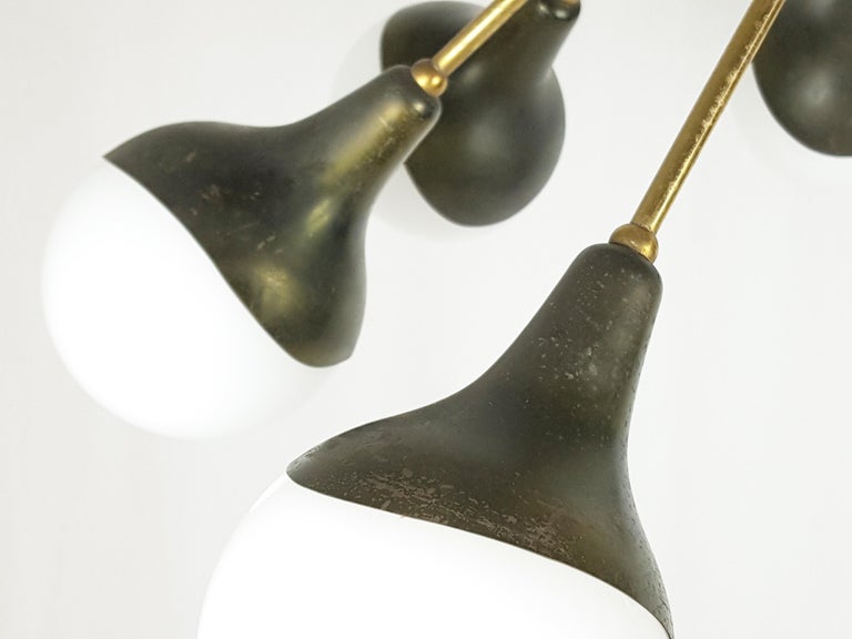 Opaline Glass, Brass & Painted Metal 1950s 8-Lights Pendant Lamp For Sale 3