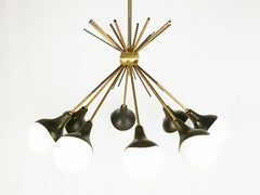 Opaline Glass, Brass & Painted Metal 1950s 8-Lights Pendant Lamp
