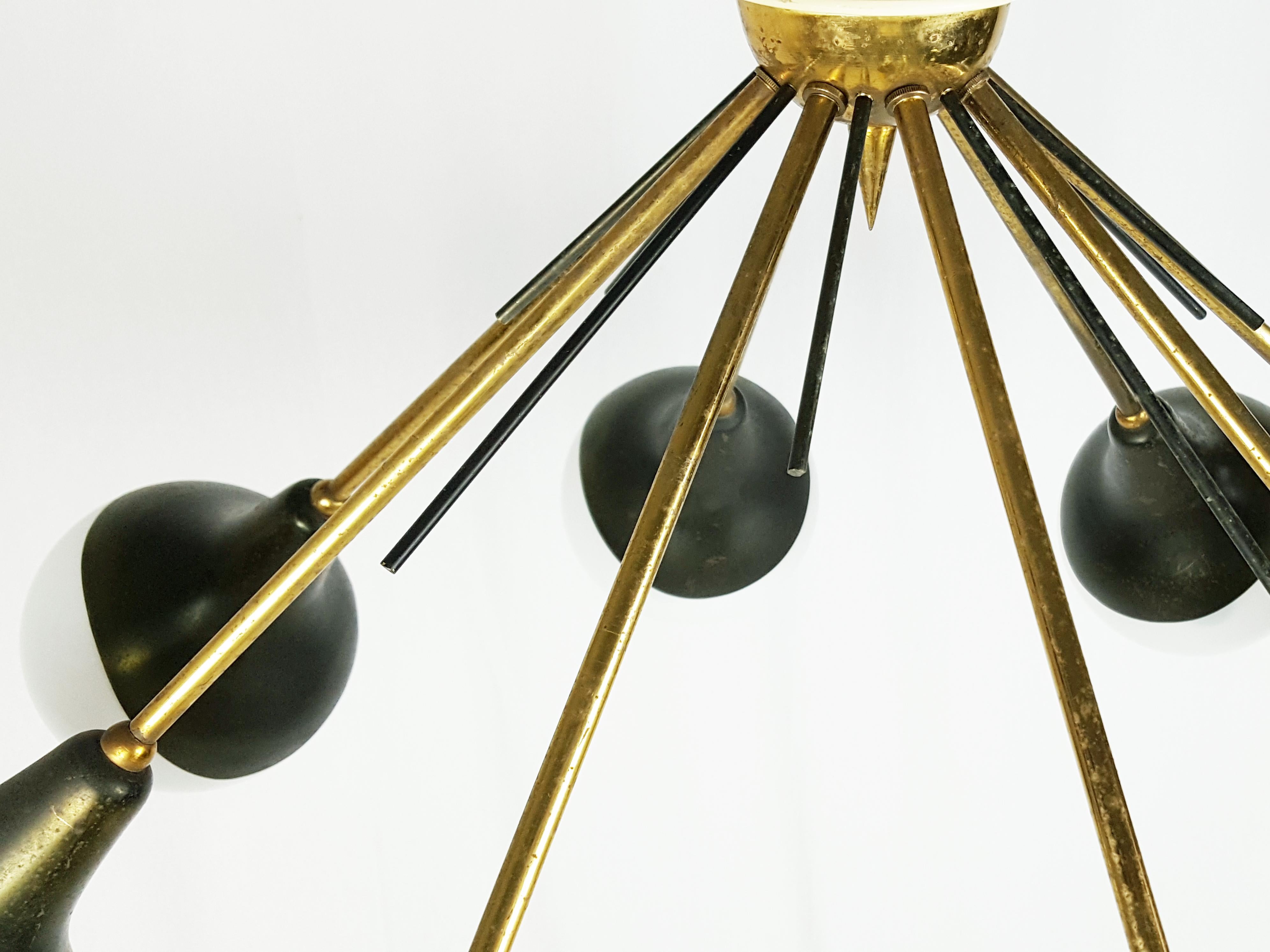 Mid-20th Century Opaline Glass, Brass & Painted Metal 1950s 8-Lights Pendant Lamp For Sale