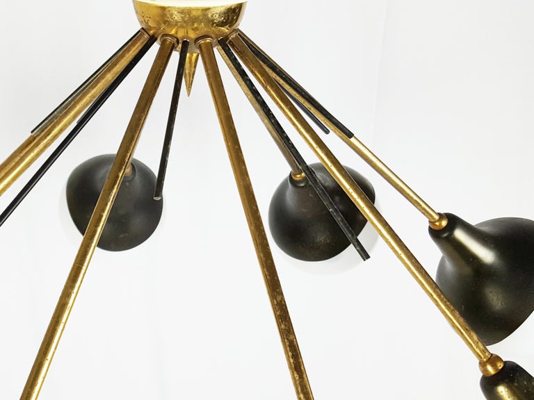 Opaline Glass, Brass & Painted Metal 1950s 8-Lights Pendant Lamp For Sale 1