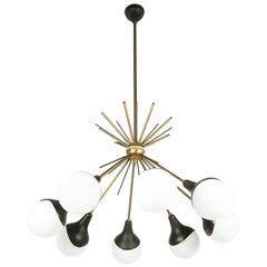 Opaline Glass, Brass & Painted Metal 1950s 8-Lights Pendant Lamp
