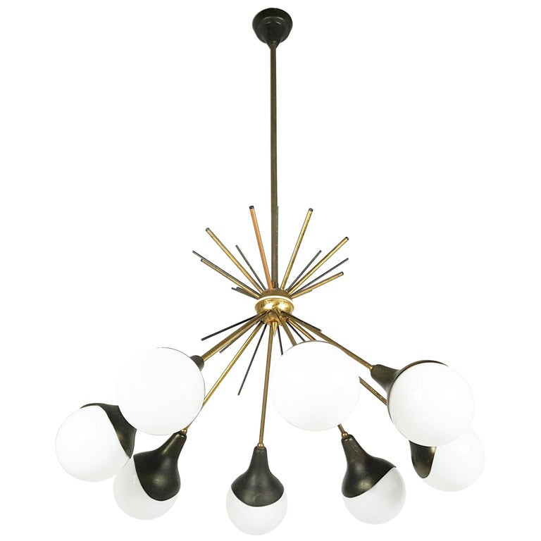 Opaline Glass, Brass & Painted Metal 1950s 8-Lights Pendant Lamp For Sale