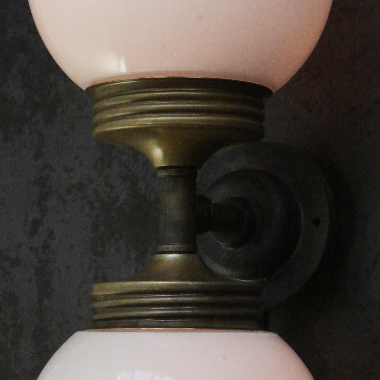 Mid-Century Modern Opaline Glass Brass Vintage Cast Iron Double Sconces Wall Lights For Sale
