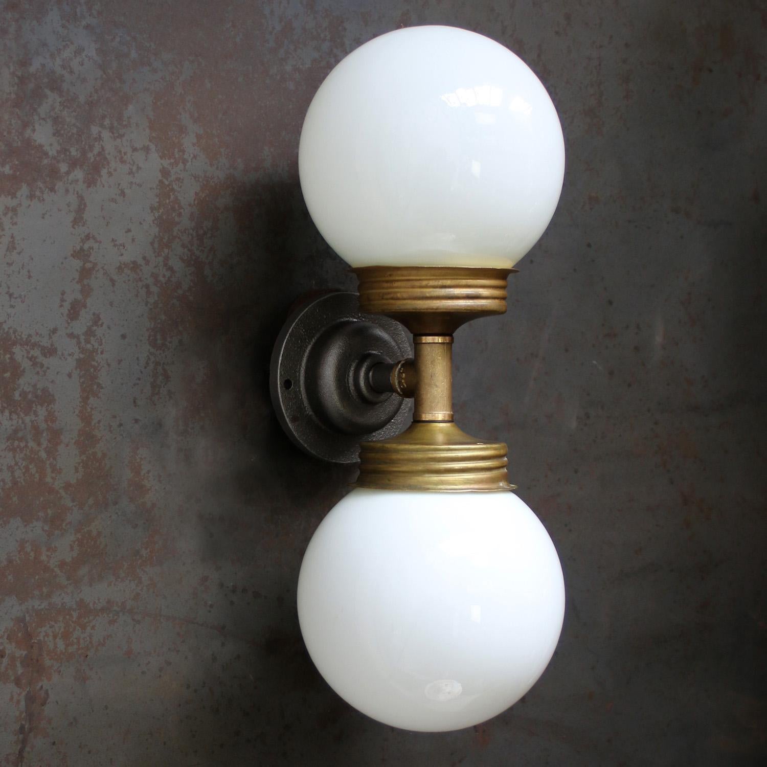 Mid-Century Modern Opaline Glass Brass Vintage Cast Iron Double Sconces Wall Lights For Sale