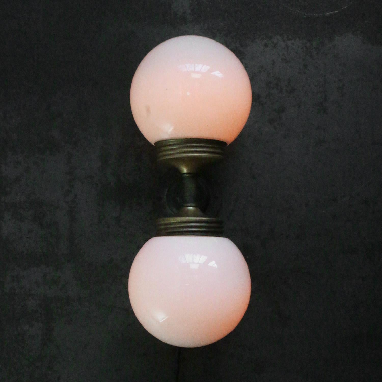 Dutch Opaline Glass Brass Vintage Cast Iron Double Sconces Wall Lights For Sale