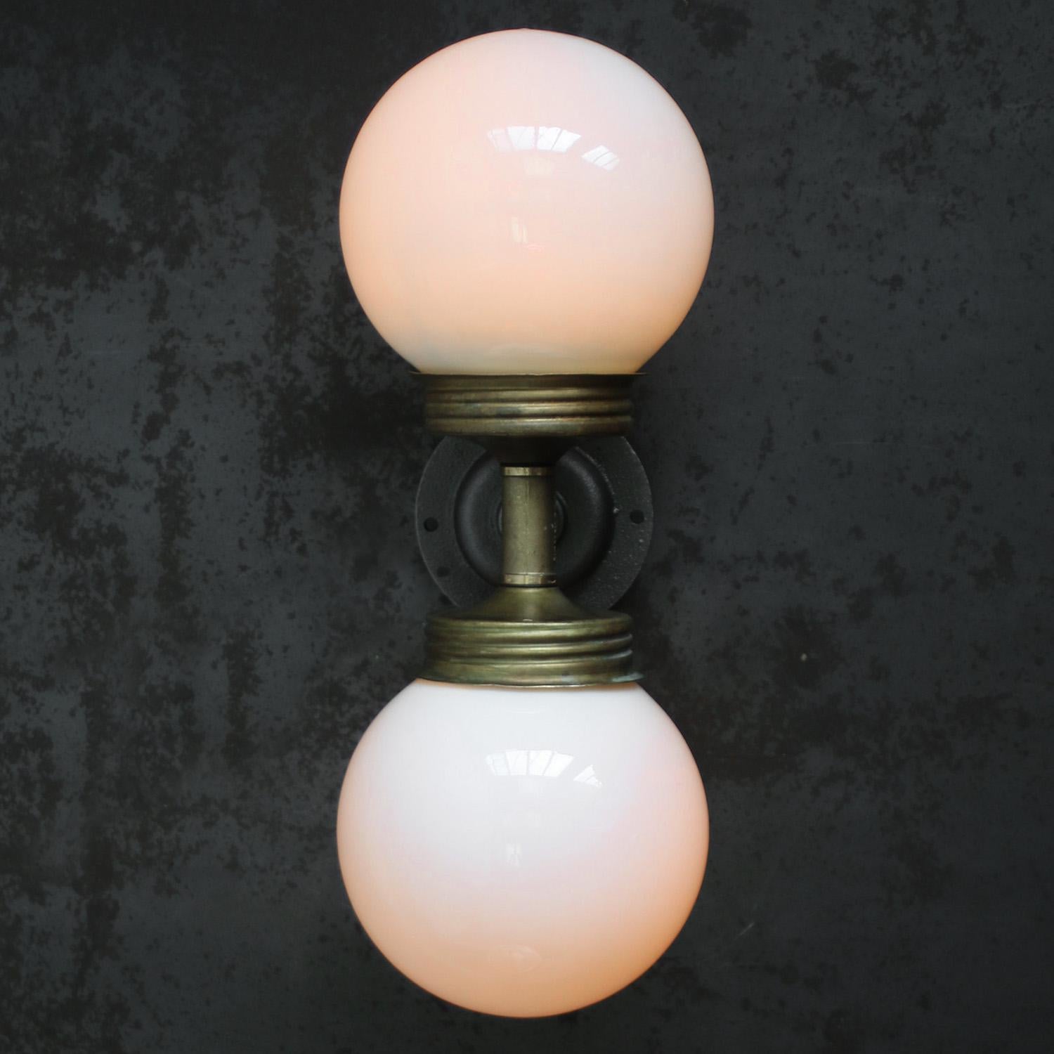 Dutch Opaline Glass Brass Vintage Cast Iron Double Sconces Wall Lights For Sale