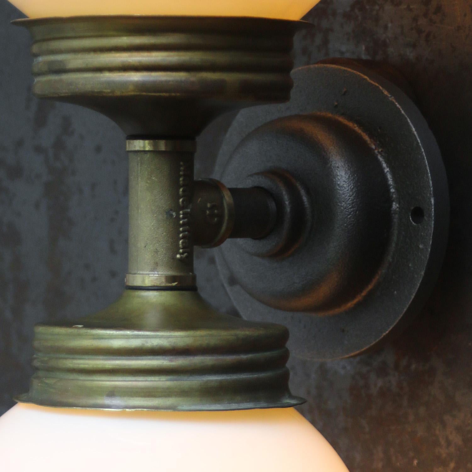 Opaline Glass Brass Vintage Cast Iron Double Sconces Wall Lights In Good Condition For Sale In Amsterdam, NL