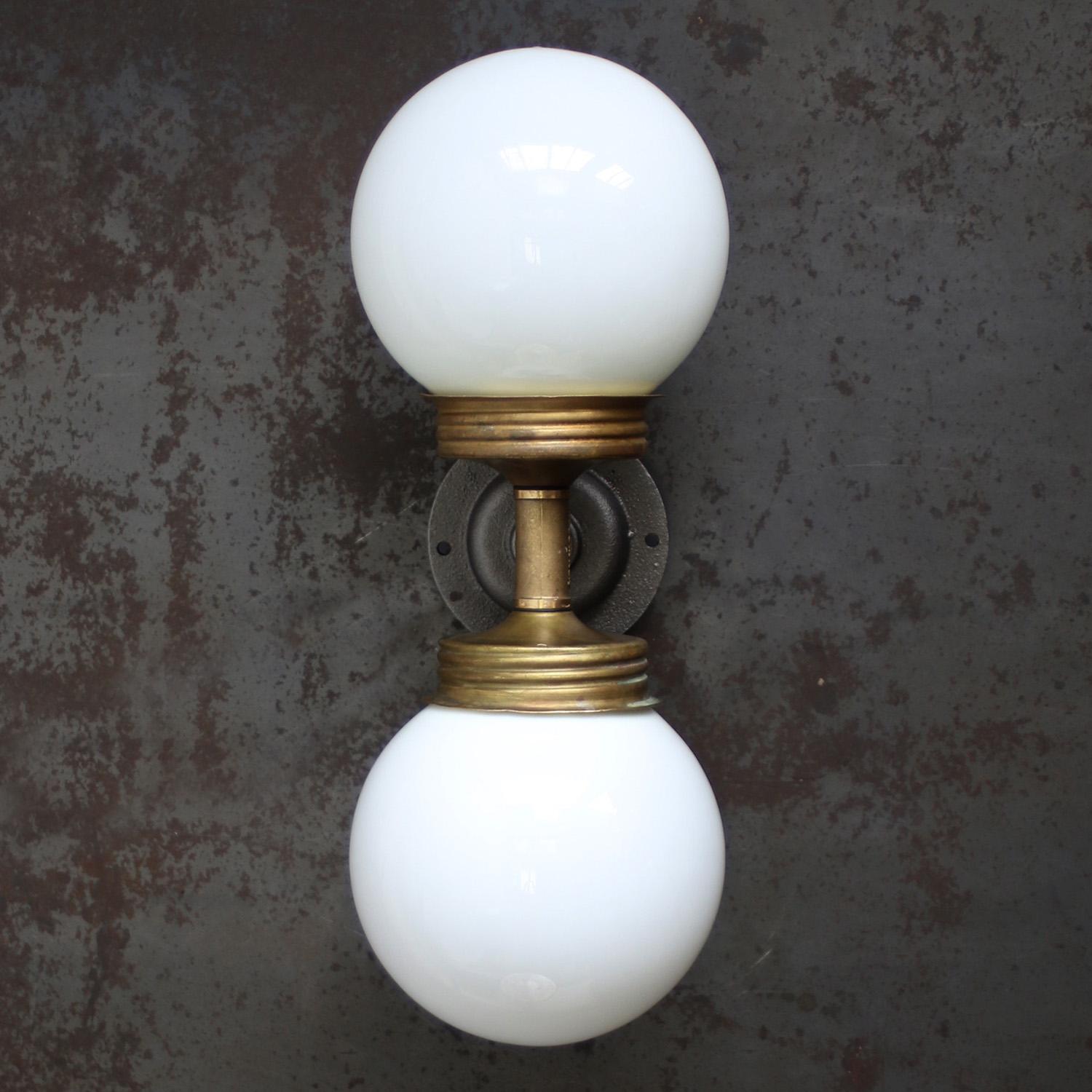 20th Century Opaline Glass Brass Vintage Cast Iron Double Sconces Wall Lights For Sale
