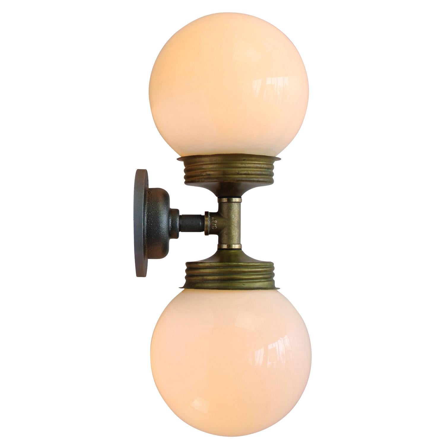 Opaline Glass Brass Vintage Cast Iron Double Sconces Wall Lights For Sale 1