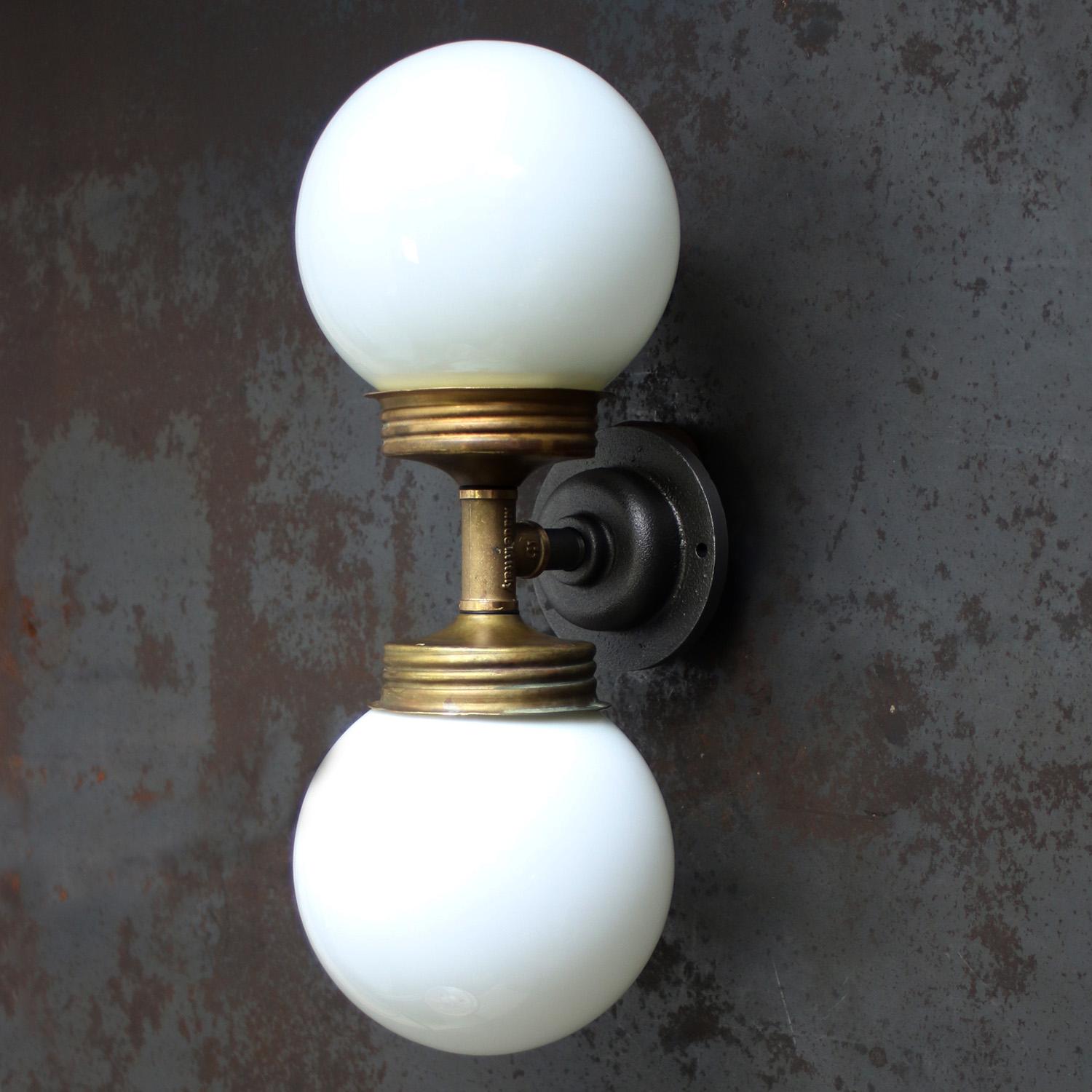 Opaline Glass Brass Vintage Cast Iron Double Sconces Wall Lights For Sale 2