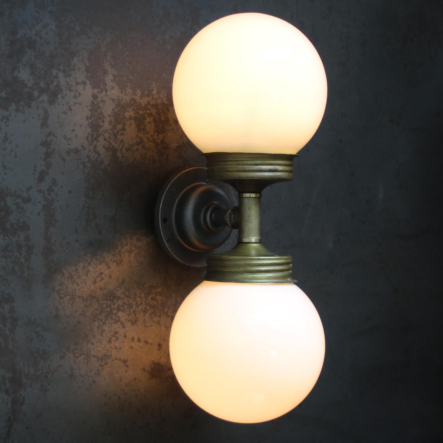 Opaline Glass Brass Vintage Cast Iron Double Sconces Wall Lights For Sale 3