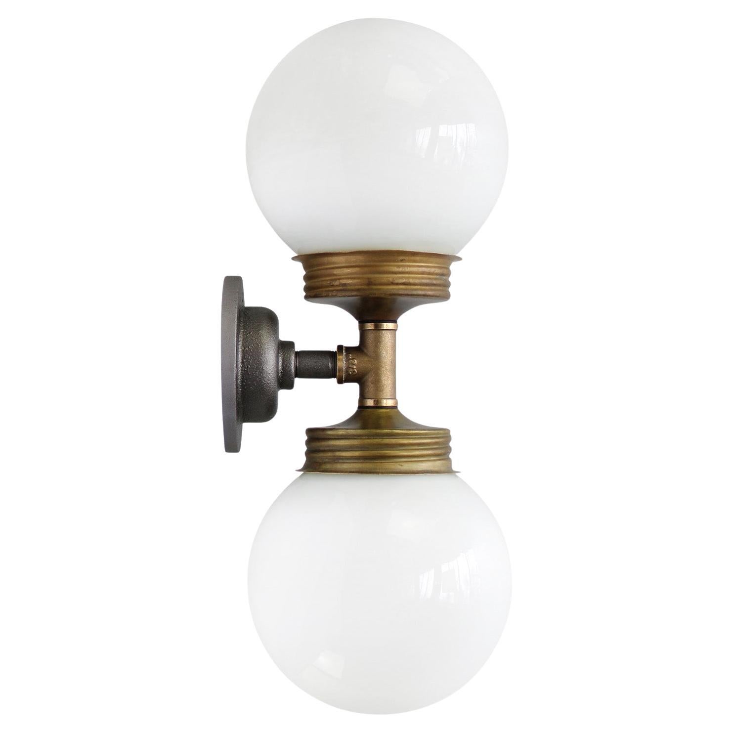 Opaline Glass Brass Vintage Cast Iron Double Sconces Wall Lights For Sale