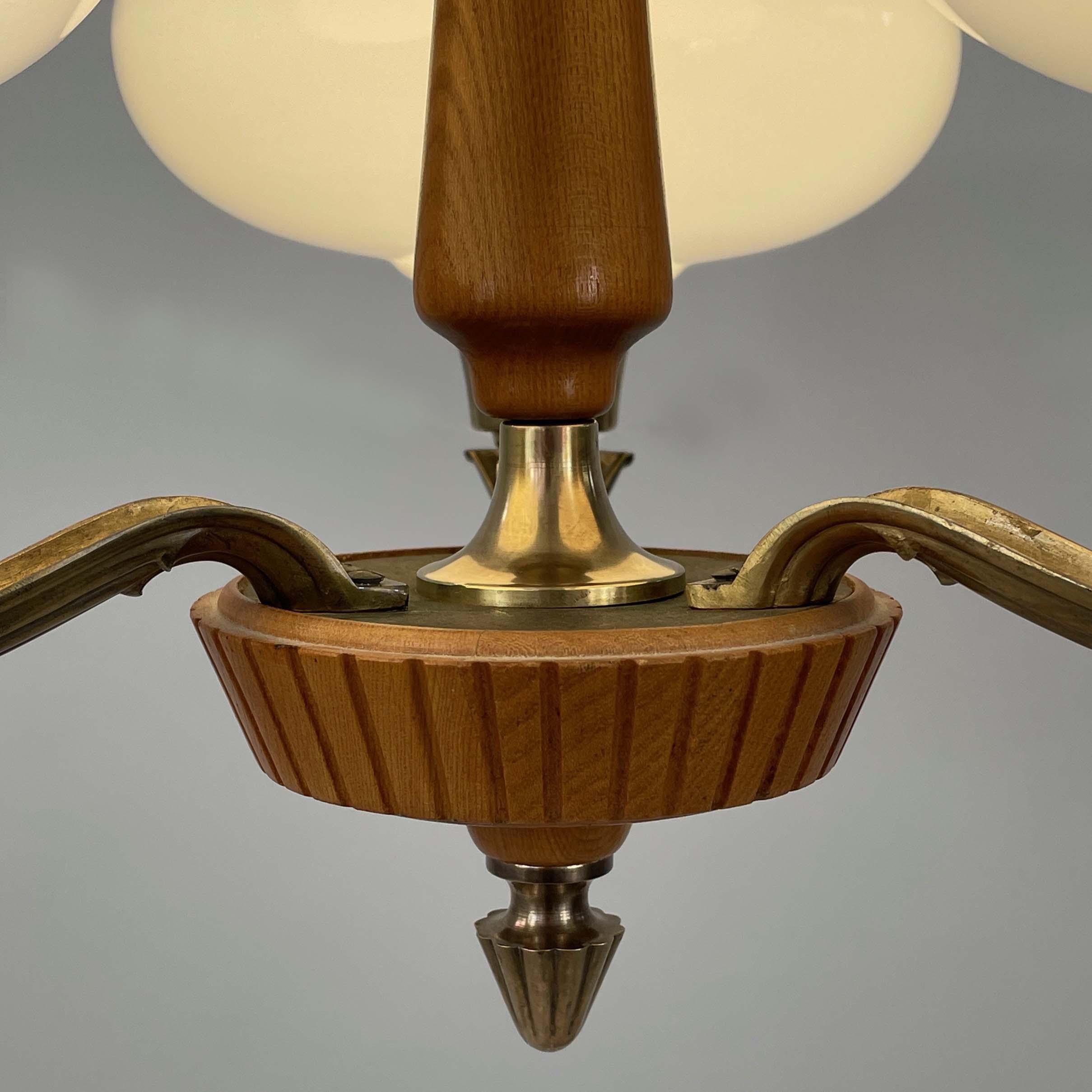 Böhlmarks Opaline Glass, Brass & Carved Wood Chandelier, Sweden 1930s 4