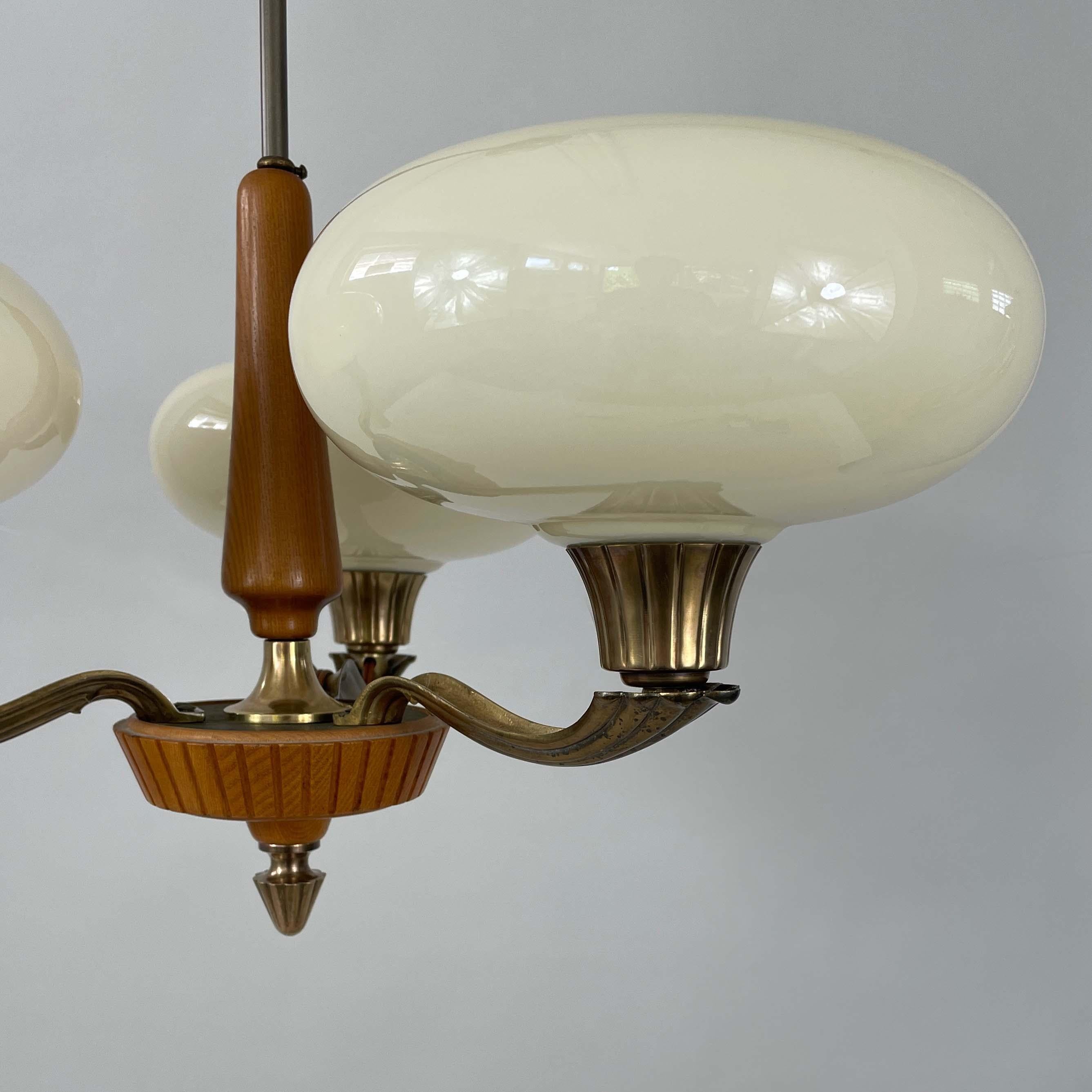 Böhlmarks Opaline Glass, Brass & Carved Wood Chandelier, Sweden 1930s 5