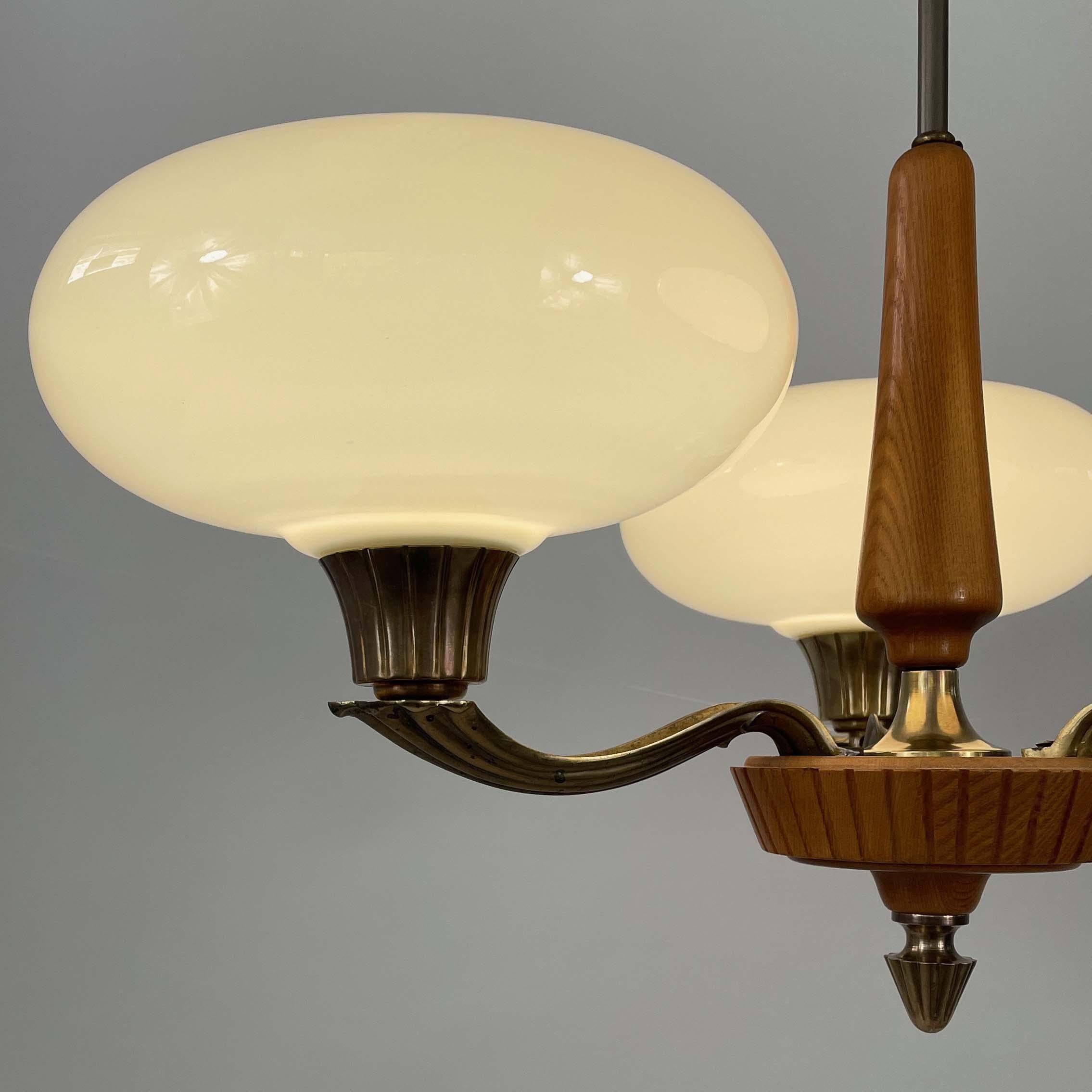 Böhlmarks Opaline Glass, Brass & Carved Wood Chandelier, Sweden 1930s 6