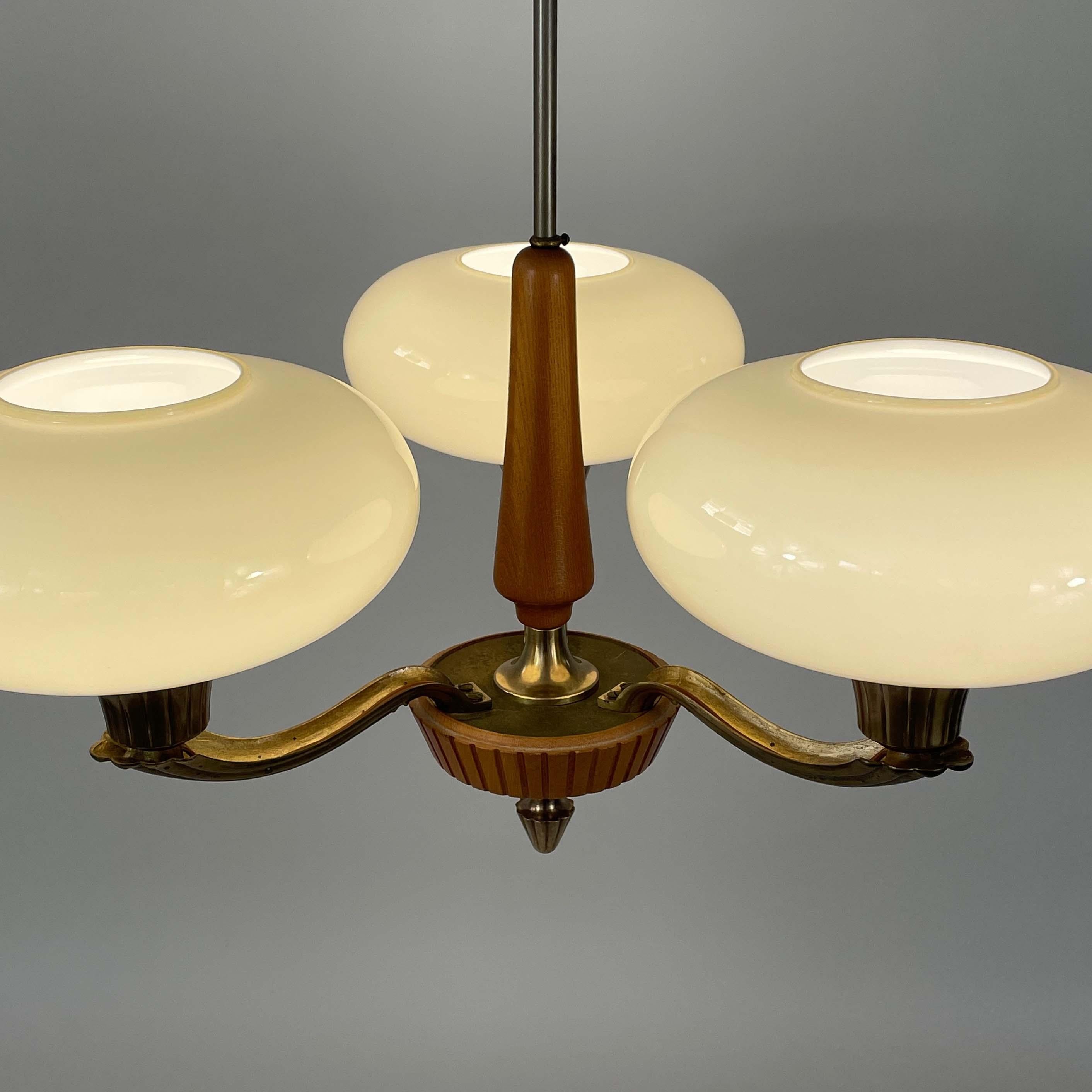 Böhlmarks Opaline Glass, Brass & Carved Wood Chandelier, Sweden 1930s 7
