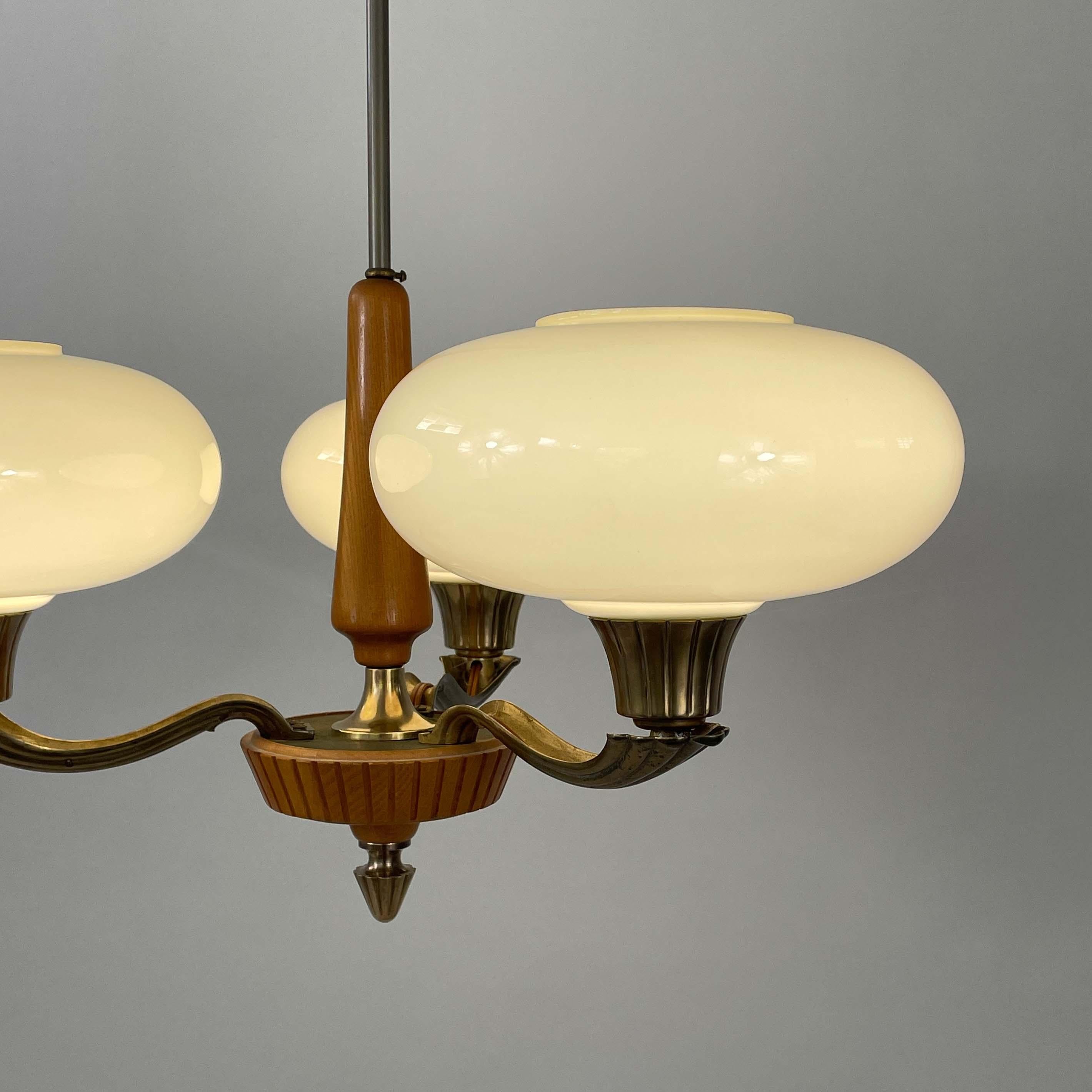 Böhlmarks Opaline Glass, Brass & Carved Wood Chandelier, Sweden 1930s 8