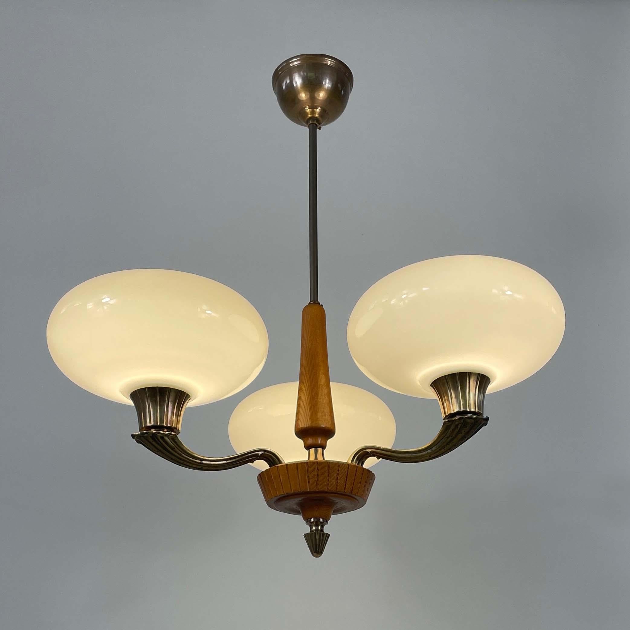 Böhlmarks Opaline Glass, Brass & Carved Wood Chandelier, Sweden 1930s 9
