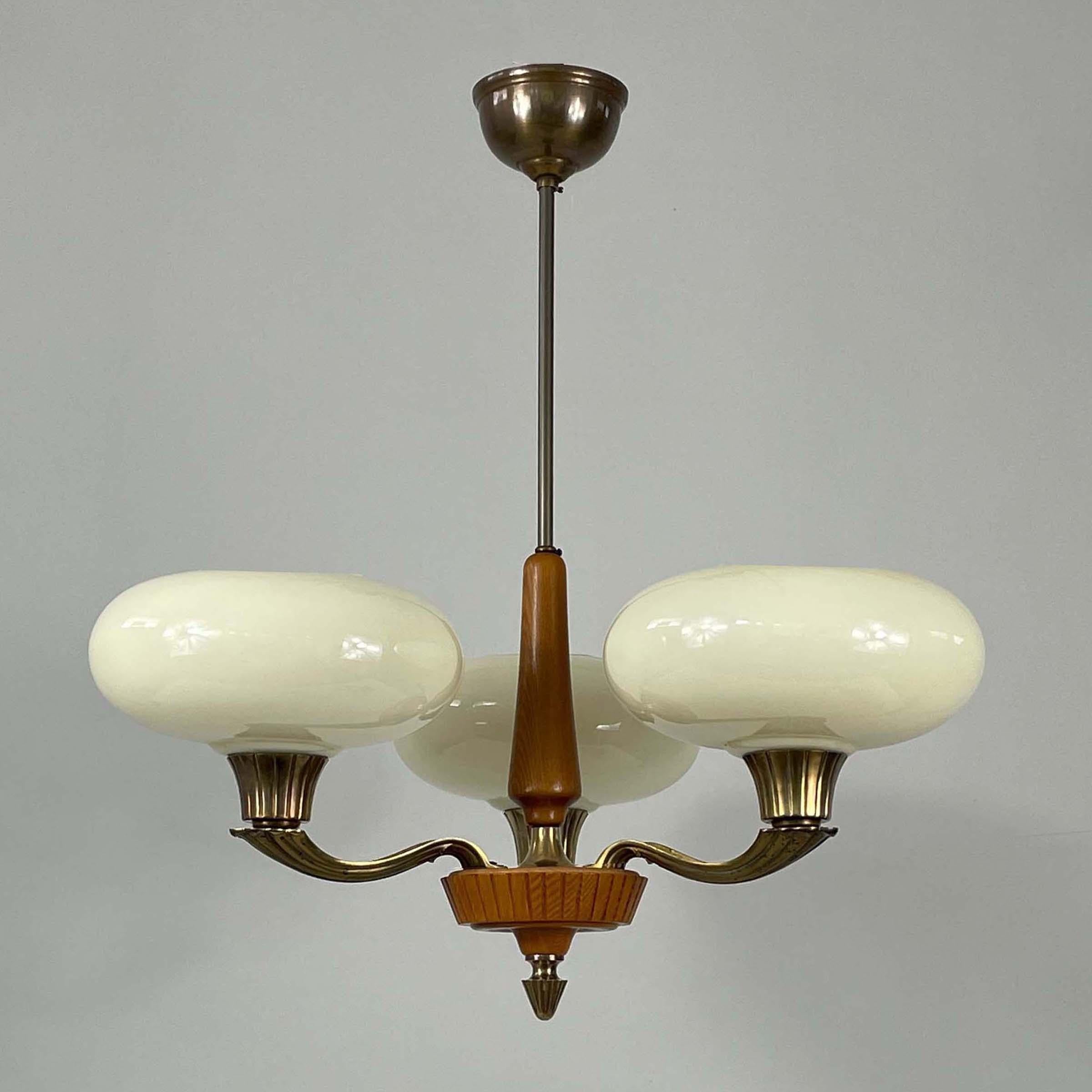 Art Deco Böhlmarks Opaline Glass, Brass & Carved Wood Chandelier, Sweden 1930s