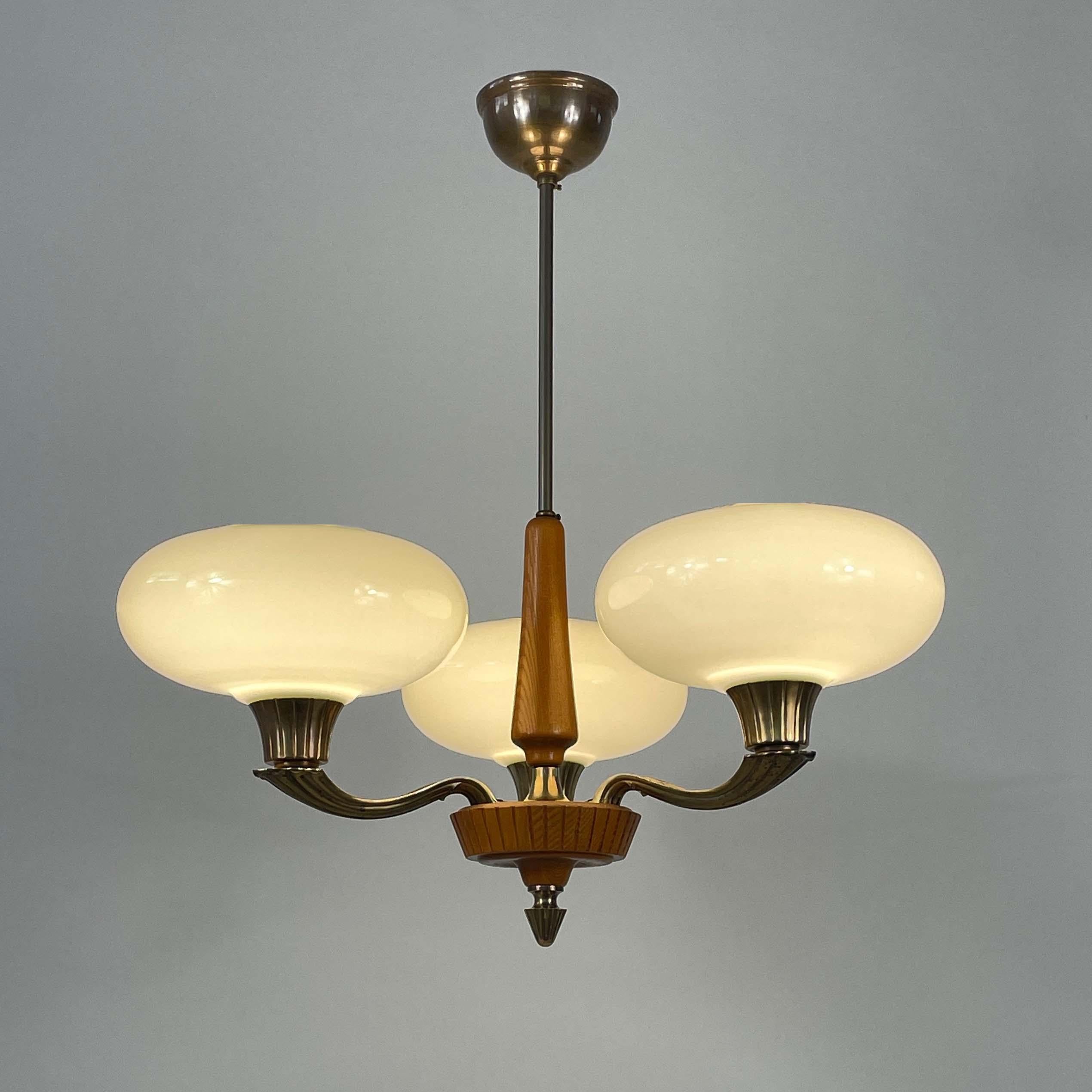 Swedish Böhlmarks Opaline Glass, Brass & Carved Wood Chandelier, Sweden 1930s