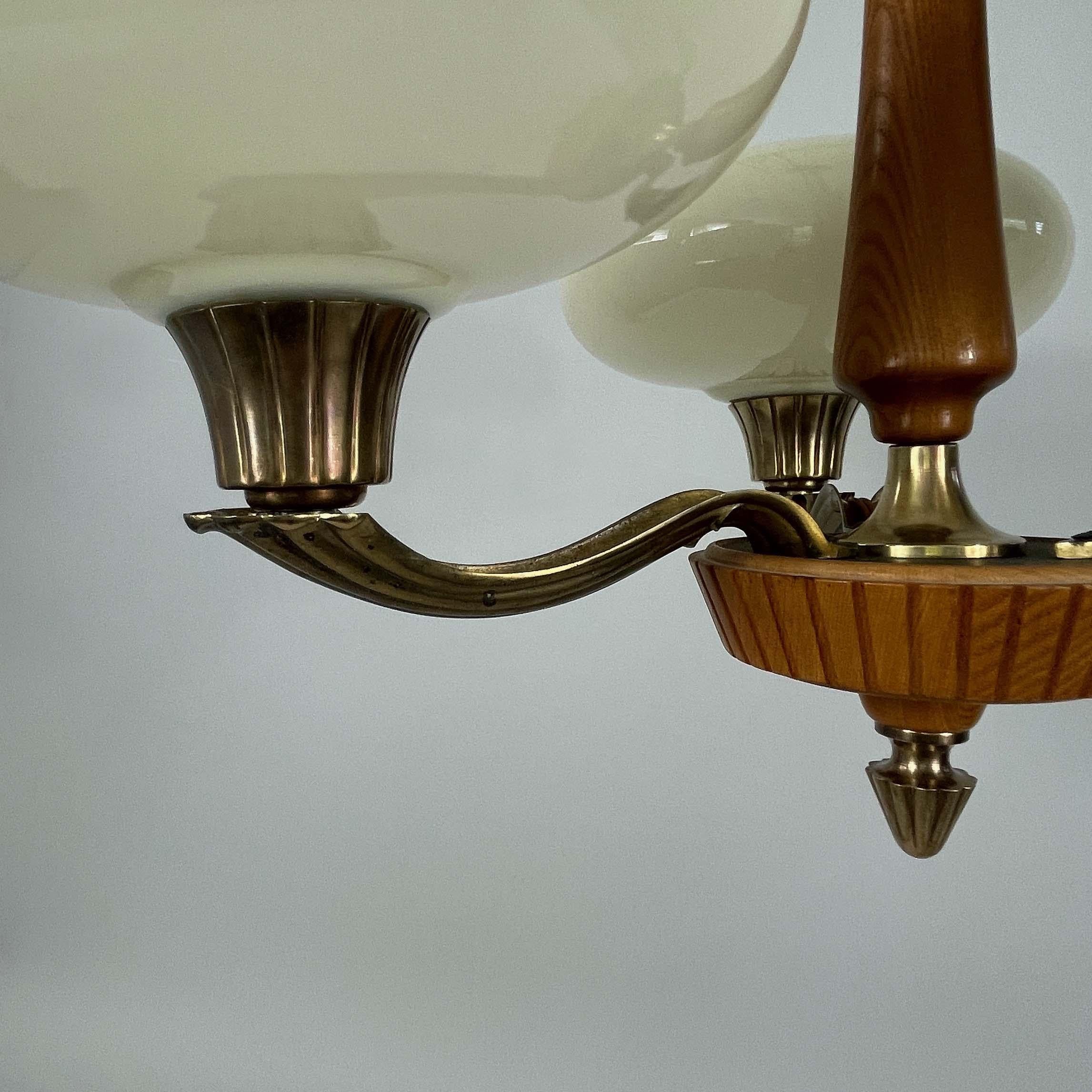 Böhlmarks Opaline Glass, Brass & Carved Wood Chandelier, Sweden 1930s 1