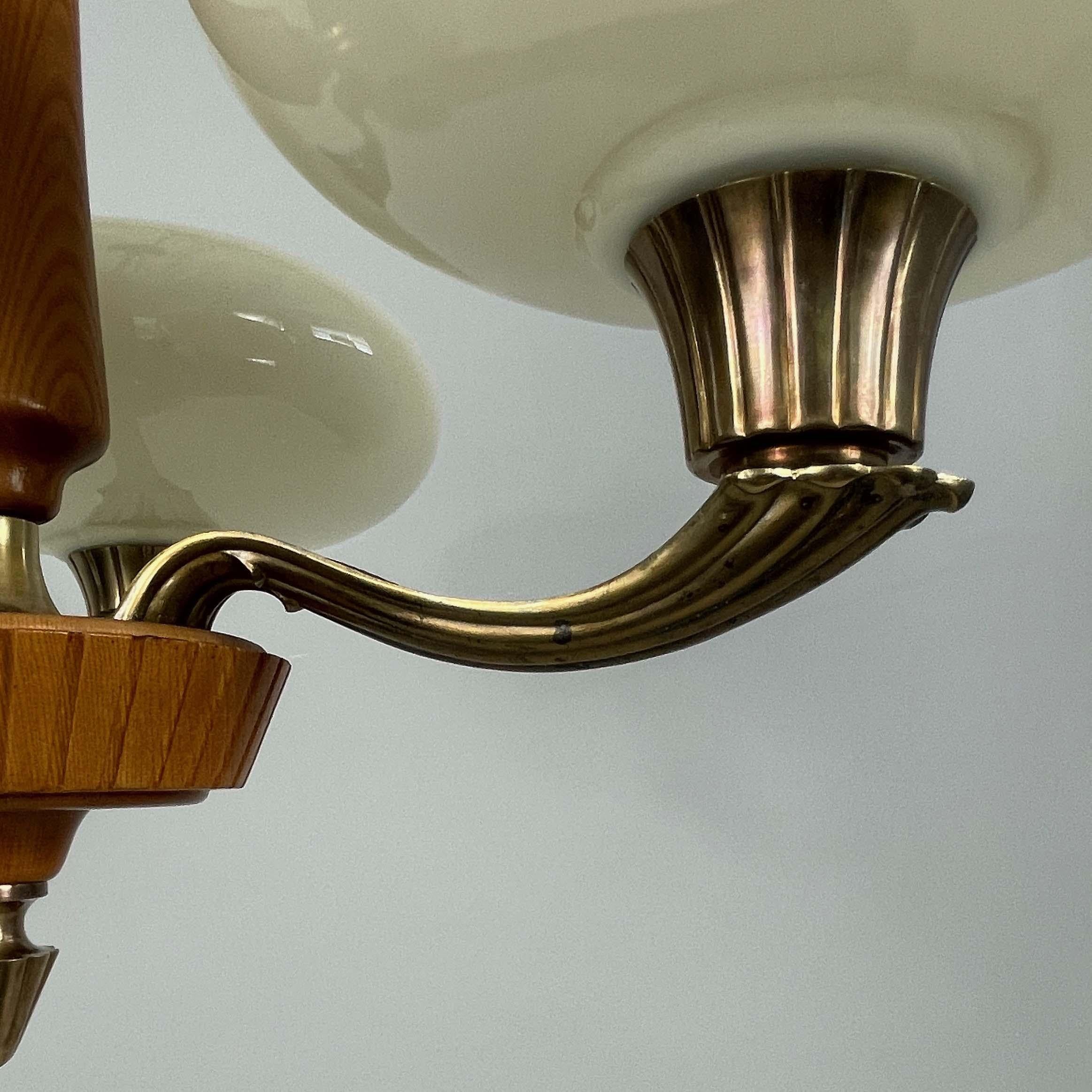 Böhlmarks Opaline Glass, Brass & Carved Wood Chandelier, Sweden 1930s 2