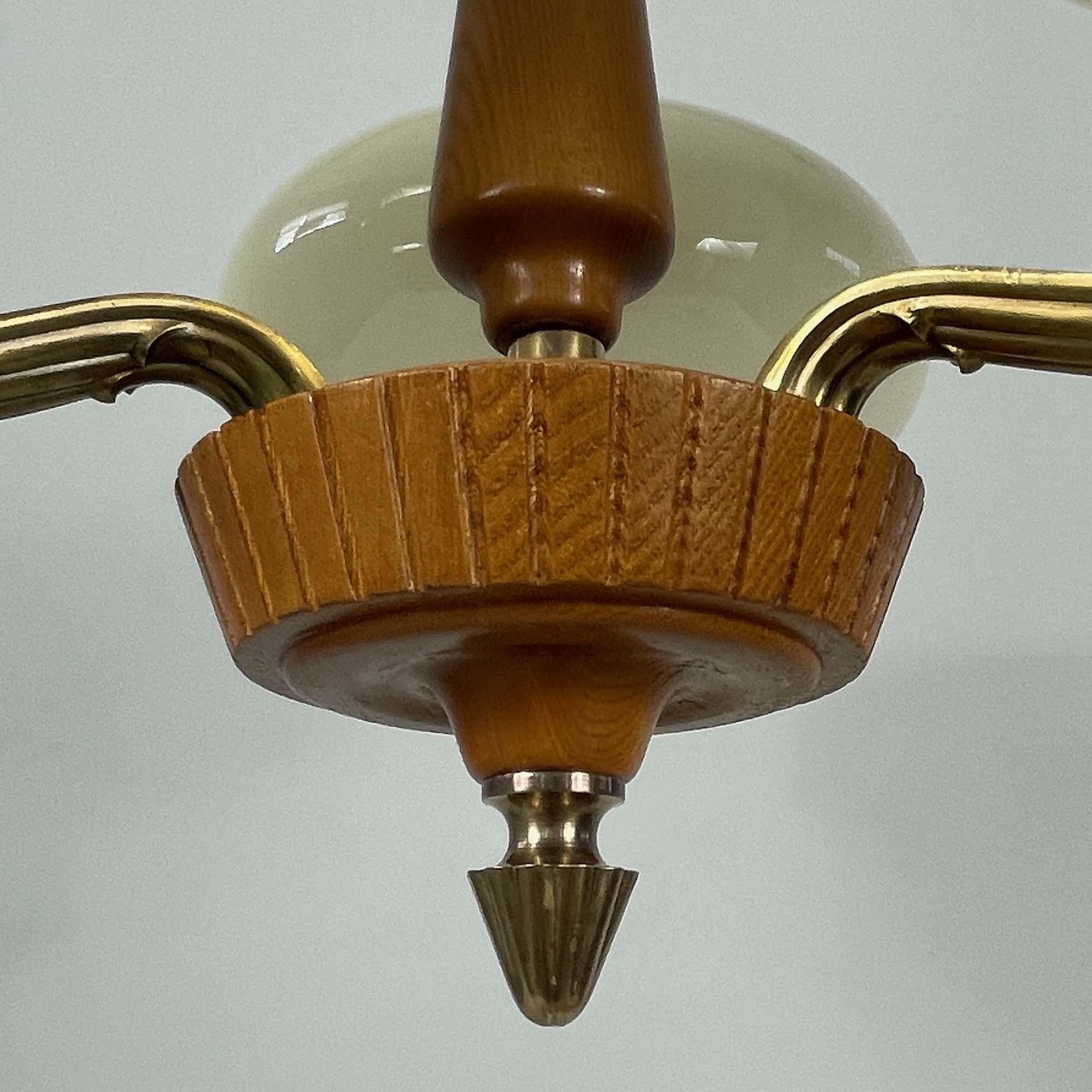 Böhlmarks Opaline Glass, Brass & Carved Wood Chandelier, Sweden 1930s 3