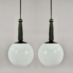Opaline Glass & Burnished Brass Tassel Ball Pendants, Germany 1930s, Set of 2