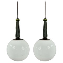 Opaline Glass 
Burnished Brass Tassel Ball Pendants, Germany 1930s, Set of 2