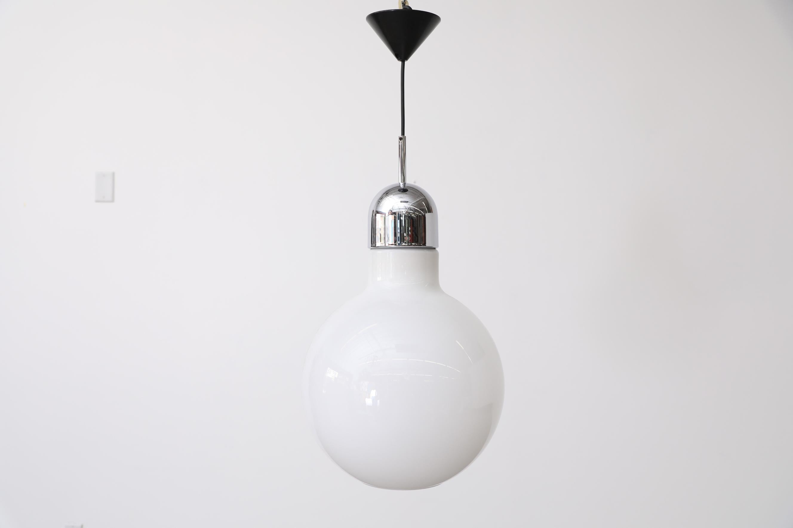 Dutch Opaline Glass Globe Pendant Lamp with Open Bottom, Chrome Cap and Black Canopy For Sale