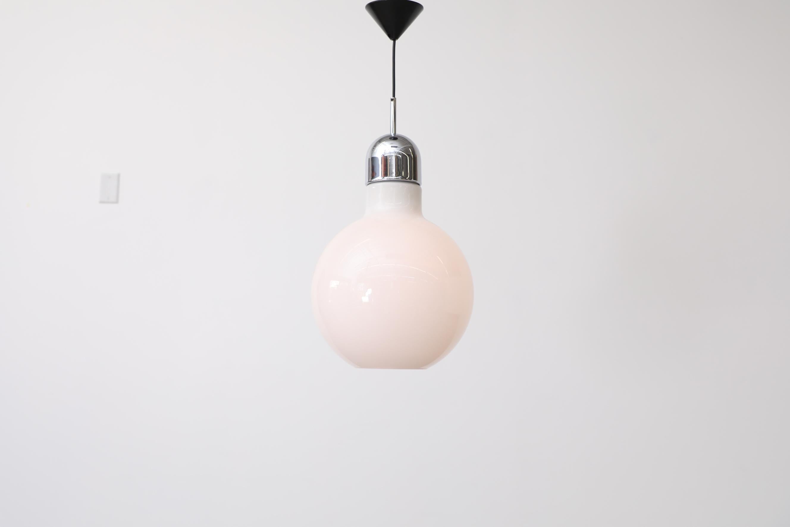 Opaline Glass Globe Pendant Lamp with Open Bottom, Chrome Cap and Black Canopy For Sale 2