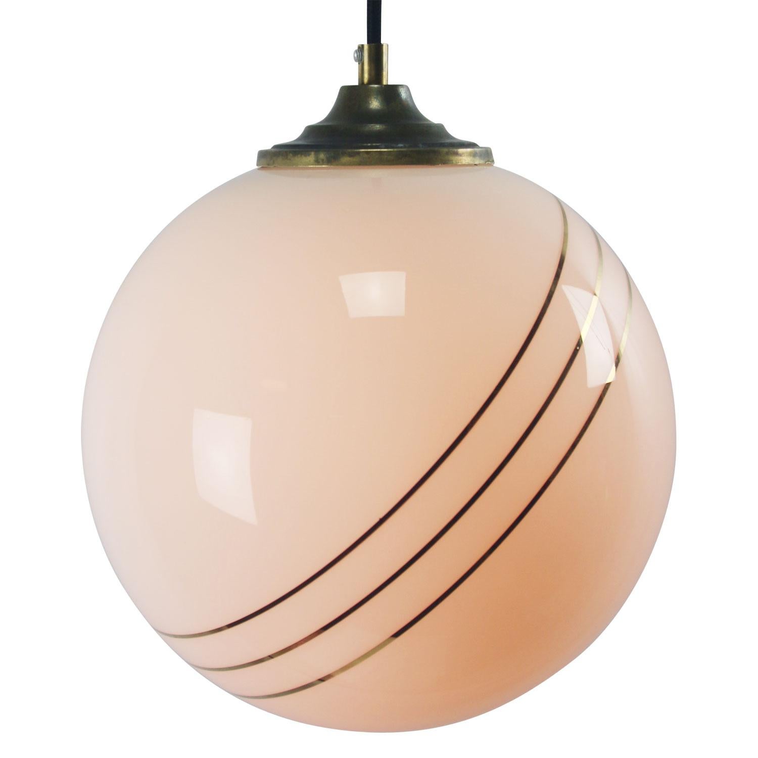 Opaline glass, 3 gold stripes globe glass pendant.

Weight: 2.00 kg / 4.4 lb

Priced per individual item. All lamps have been made suitable by international standards for incandescent light bulbs, energy-efficient and LED bulbs. E26/E27 bulb
