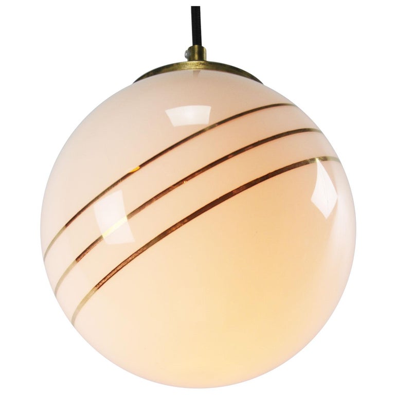 Opaline Glass Gold Striped Vintage European Globe Brass Top Pendant Lights In Good Condition For Sale In Amsterdam, NL