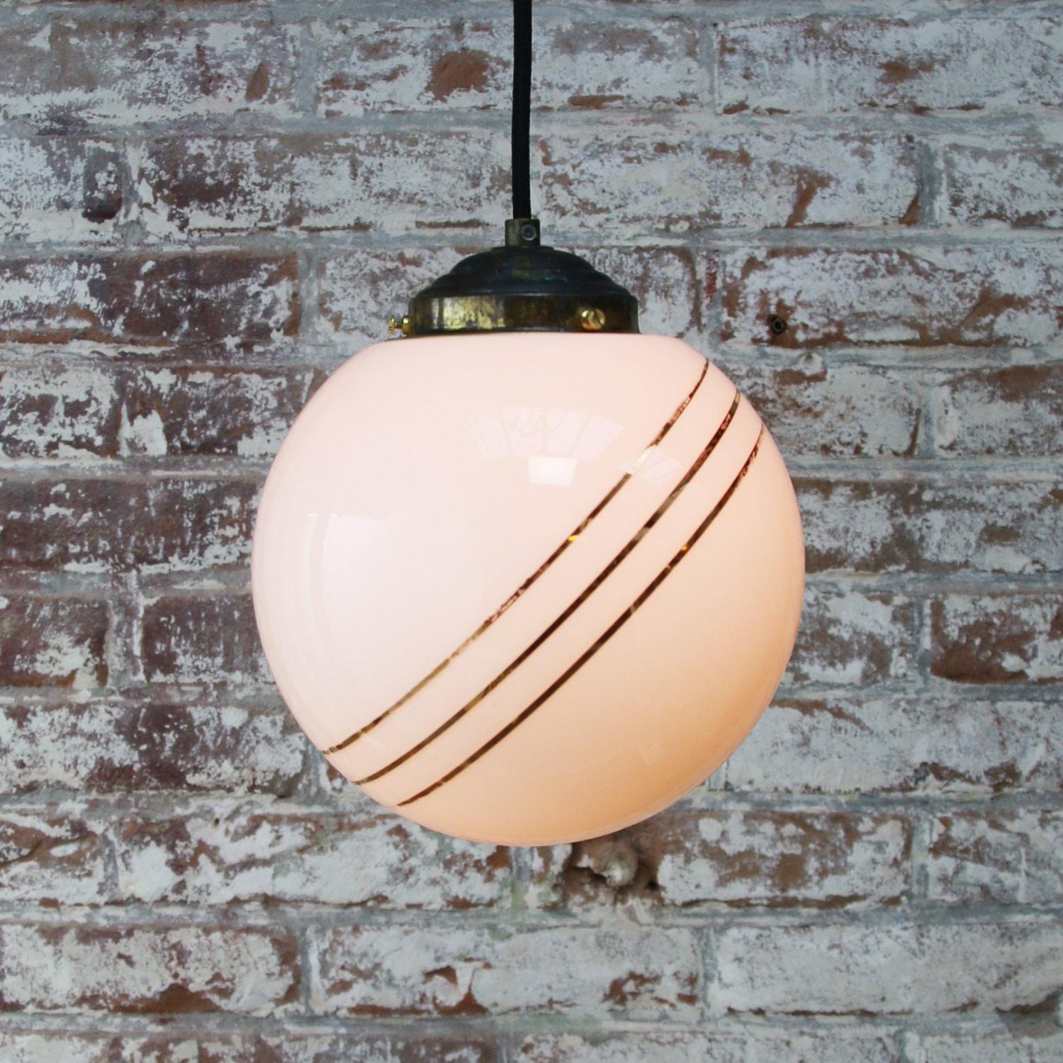 Opaline Glass Gold Striped Vintage European Globe Brass Top Pendant Lights In Good Condition For Sale In Amsterdam, NL