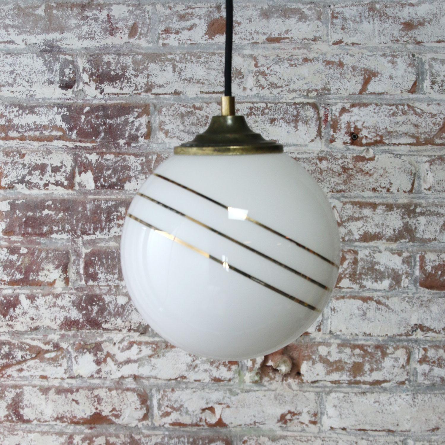 Opaline Glass Gold Striped Vintage European Globe Brass Top Pendant Lights In Good Condition In Amsterdam, NL